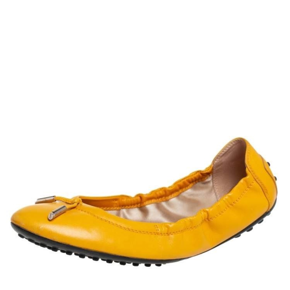 Tods Gommino Ballerina Flats Yellow Leather Bow Elastic Driving Shoes Womens